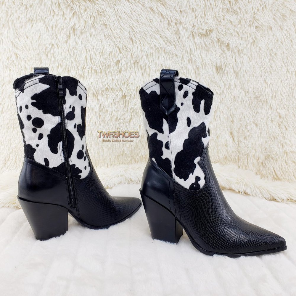 Cow Faux Fur Black Western Cow Girl Ankle Boots